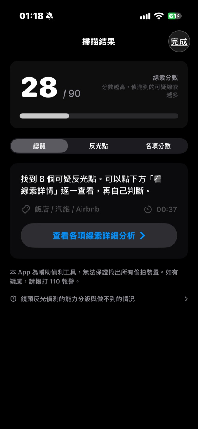 結果頁：線索分數與找到的反光點數量